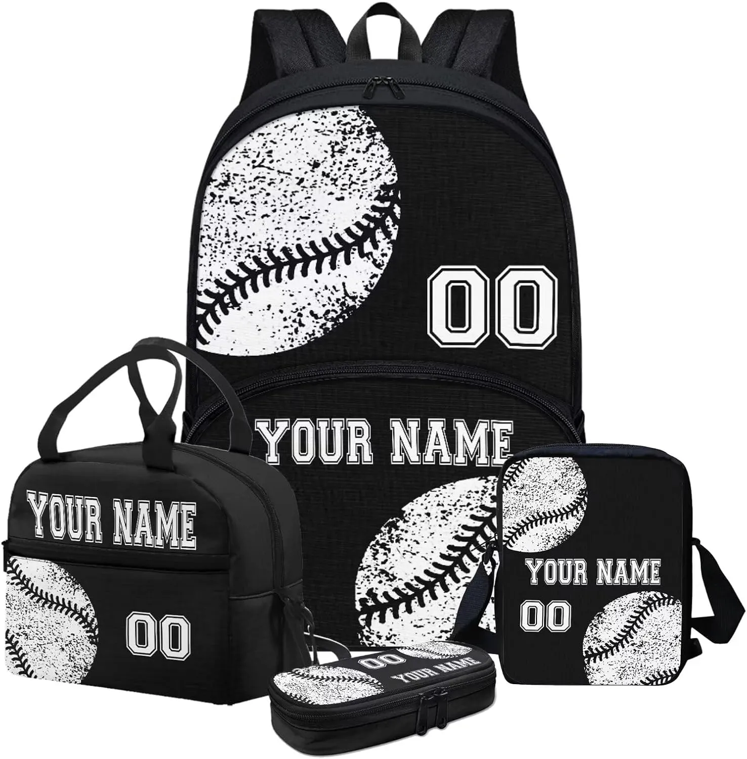 4Pcs Custom Baseball Backpack Set with Lunch Box, Cross Body Bag School Backpacks Pencil Case for Kids Girls Boys Teens, Black