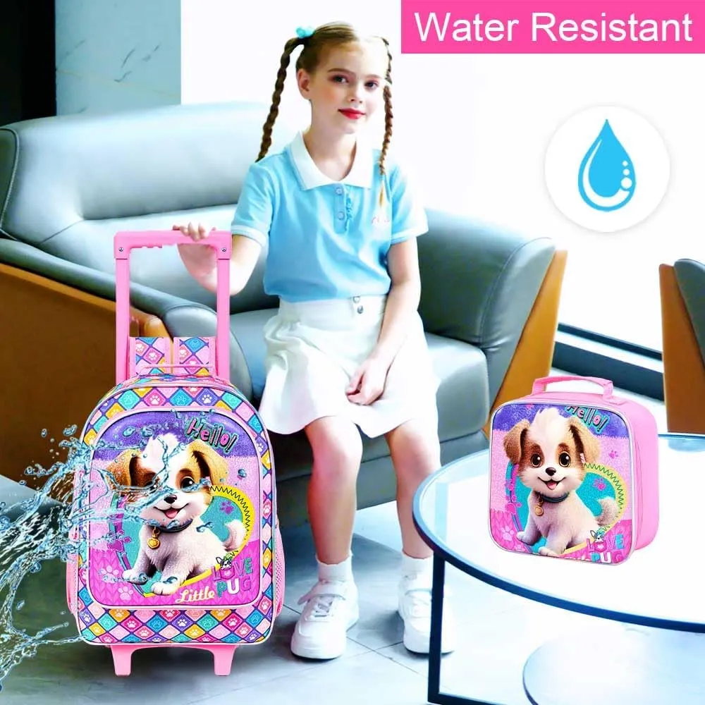 4PCS Rolling Backpack for Girls, Dog Roller Backpacks with Wheels for Kids, Water Resistant Wheeled Bookbag Set for Toddler Elementary School