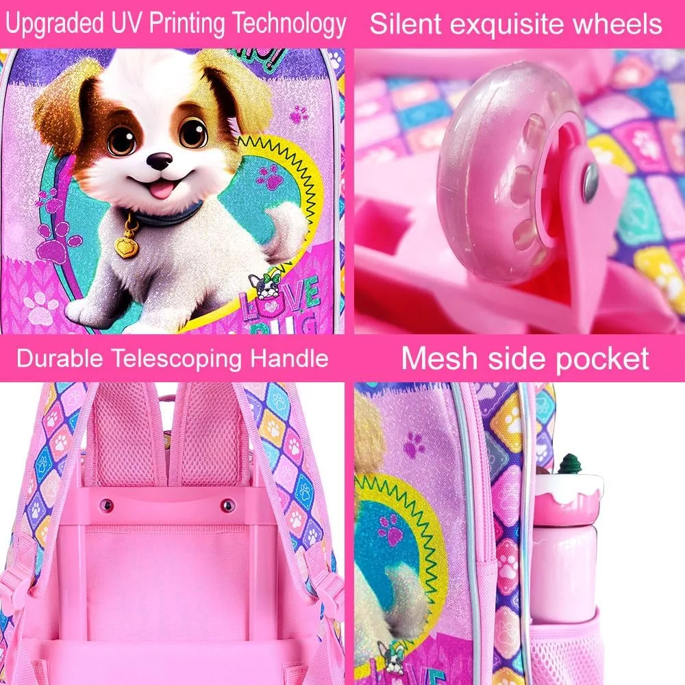4PCS Rolling Backpack for Girls, Dog Roller Backpacks with Wheels for Kids, Water Resistant Wheeled Bookbag Set for Toddler Elementary School