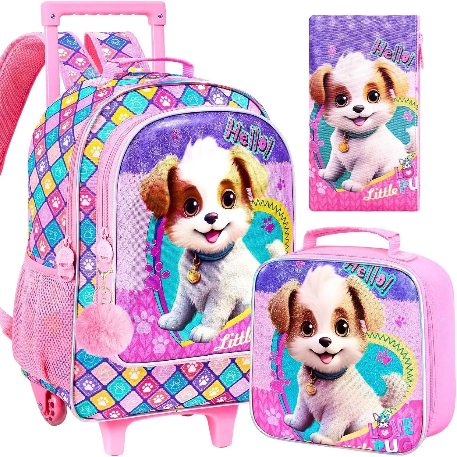 4PCS Rolling Backpack for Girls, Dog Roller Backpacks with Wheels for Kids, Water Resistant Wheeled Bookbag Set for Toddler Elementary School