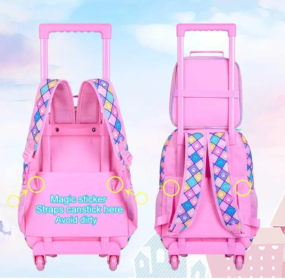 4PCS Rolling Backpack for Girls, Dog Roller Backpacks with Wheels for Kids, Water Resistant Wheeled Bookbag Set for Toddler Elementary School