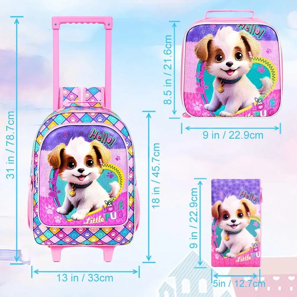 4PCS Rolling Backpack for Girls, Dog Roller Backpacks with Wheels for Kids, Water Resistant Wheeled Bookbag Set for Toddler Elementary School