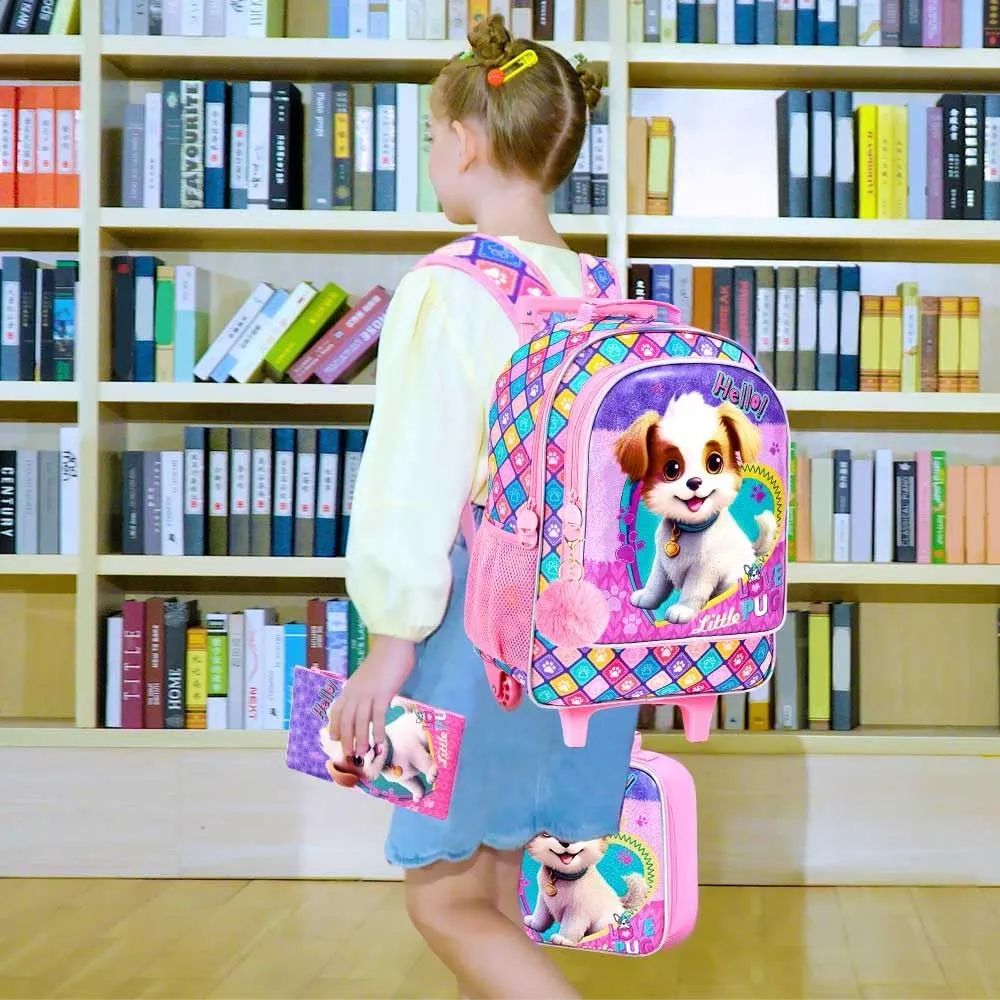 4PCS Rolling Backpack for Girls, Dog Roller Backpacks with Wheels for Kids, Water Resistant Wheeled Bookbag Set for Toddler Elementary School