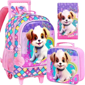 4PCS Rolling Backpack for Girls, Dog Roller Backpacks with Wheels for Kids, Water Resistant Wheeled Bookbag Set for Toddler Elementary School