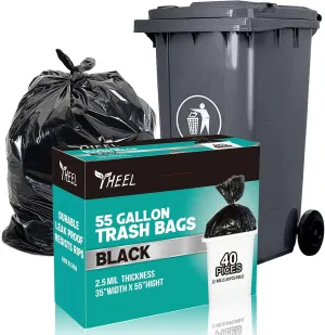 55-Gallon Heavy Duty Trash Bags: Large Black Garbage Bags for Contractor, Yard, Construction, Industrial, Commercial - (2.5 Mil, 35" x 55", 40 Counts)