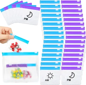 56 Pcs AM PM Pill Pouches Bags Travel Pill Bags Zippered Medicine Organizer Day and Night Pill Bag Reusable Plastic Pill Baggies with Slide Lock Monthly Pill Organizer 2 Times a Day (Blue, Purple)