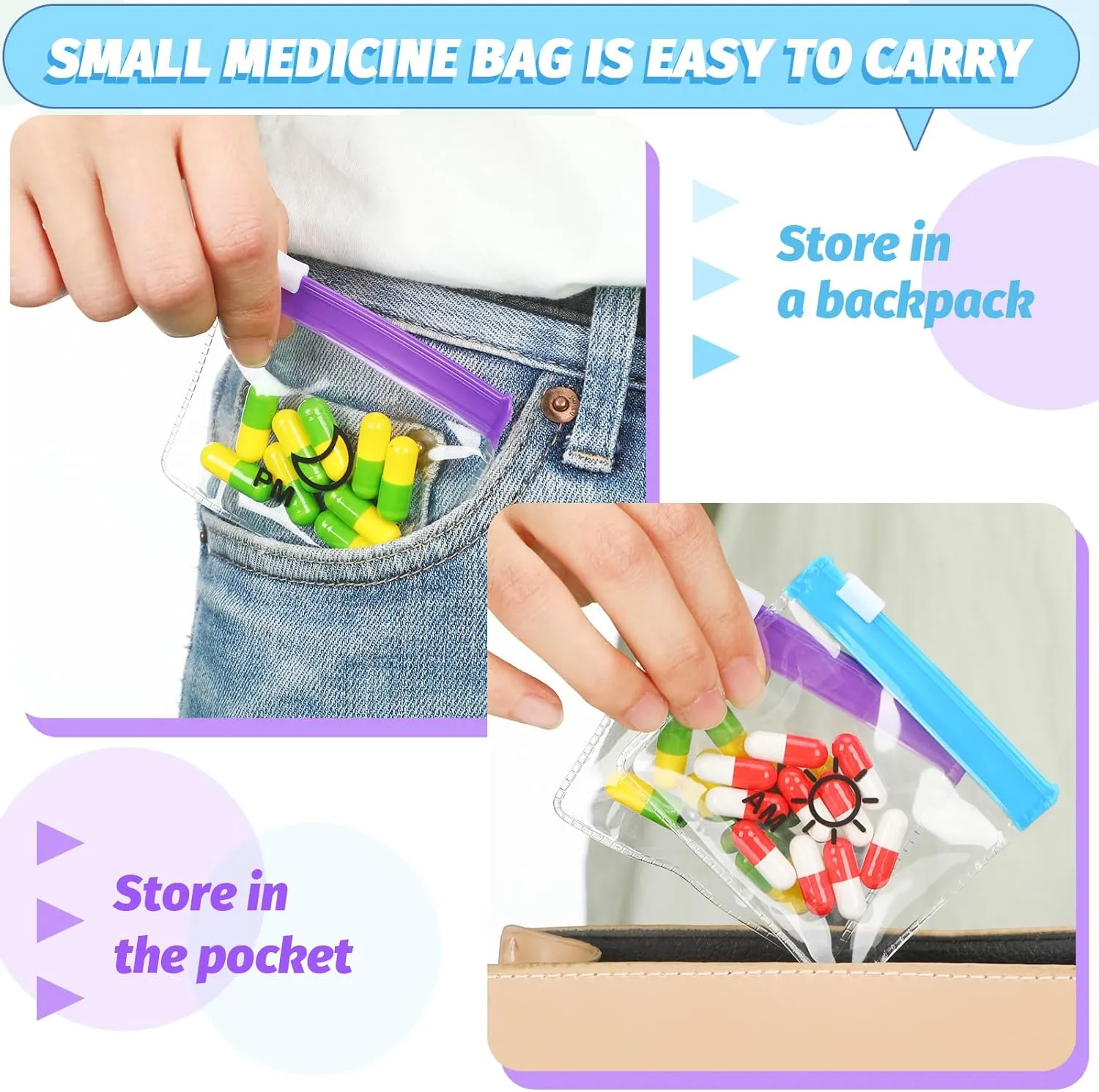 56 Pcs AM PM Pill Pouches Bags Travel Pill Bags Zippered Medicine Organizer Day and Night Pill Bag Reusable Plastic Pill Baggies with Slide Lock Monthly Pill Organizer 2 Times a Day (Blue, Purple)
