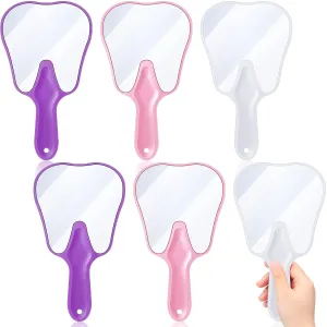 6 Pieces Tooth Shaped Handheld Mirrors with Handle Makeup Small Plastic Cute Hand Face Mirror for Dental Decor Women Men Girls and Kids Dentist Office Clinic Bathroom Barber and Salon Cosmetic
