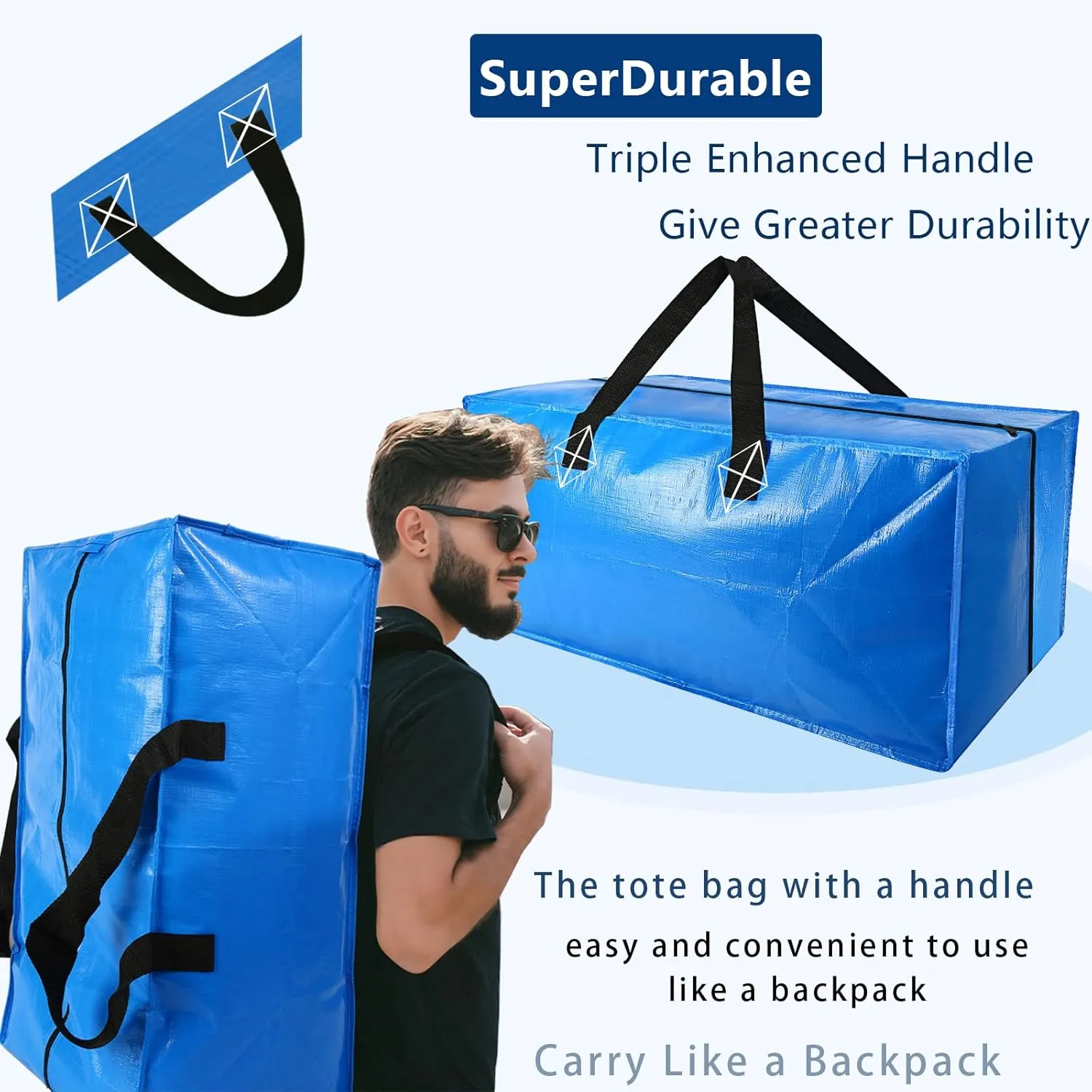 8 Pack Heavy Duty Extra Large Moving Bags Storage Tote - Strong Handles& Backpack Straps - Space Saving Storage Bags Alternative to Moving Boxes and Bins,Compatible with Ikea Frakta Cart, Blue