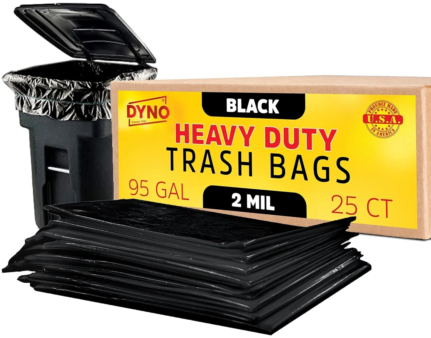 95 Gallon Trash Bags 2 Mil Black - 25 Count Large Trash Bags - Individually Folded - 96 Gallon Trash Can Liners - 61W x 68L