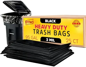 95 Gallon Trash Bags 2 Mil Black - 25 Count Large Trash Bags - Individually Folded - 96 Gallon Trash Can Liners - 61W x 68L