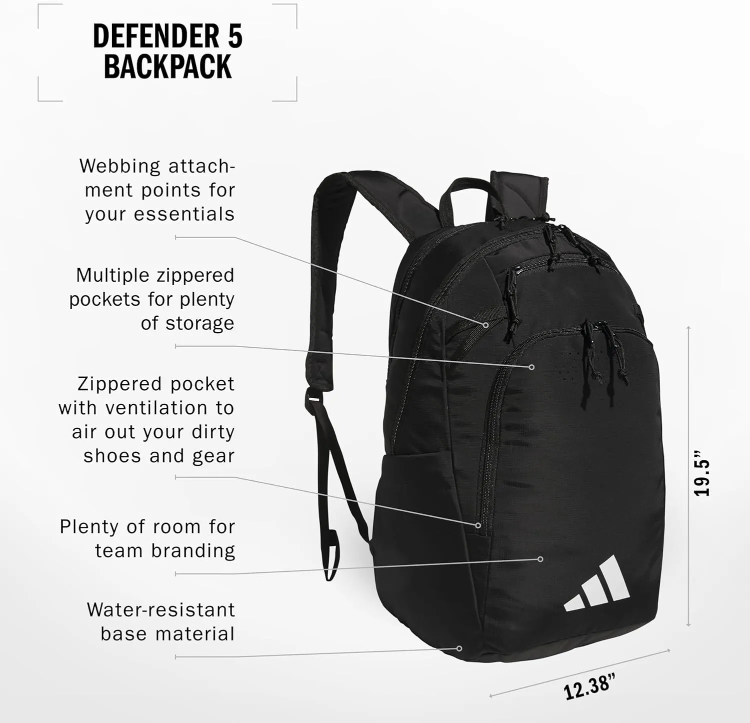 adidas Defender 5 Team Sports Backpack (33L) Durable Large Athletic Gym Laptop Travel Bag, Black/White, One Size