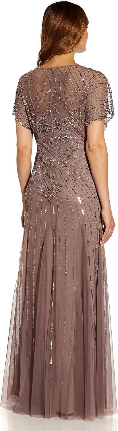 Adrianna Papell Women's Beaded Flutter Sleeve Gown