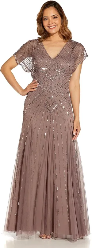 Adrianna Papell Women's Beaded Flutter Sleeve Gown