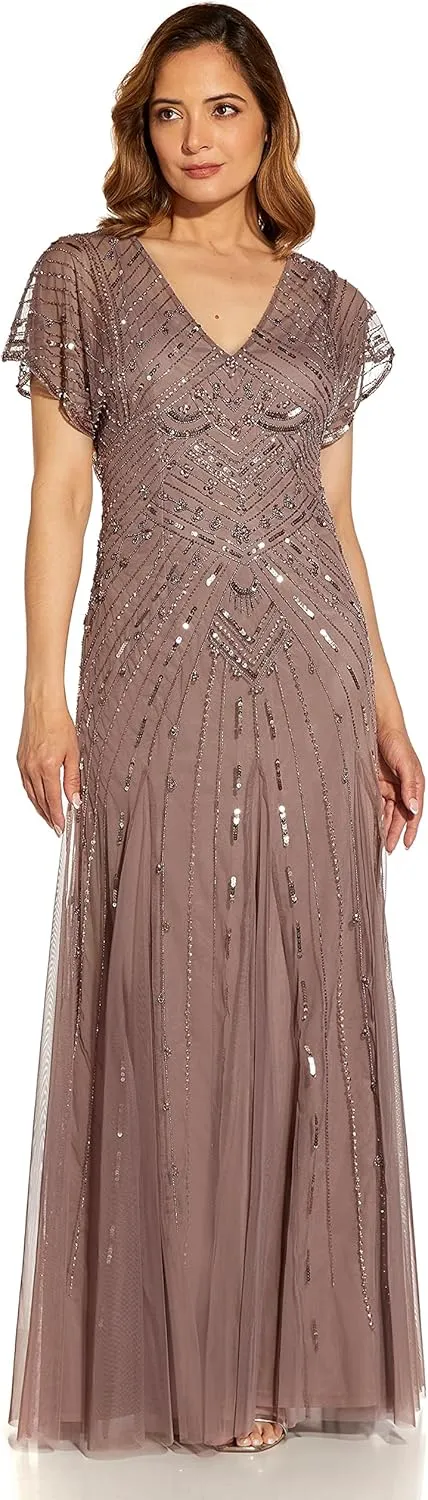 Adrianna Papell Women's Beaded Flutter Sleeve Gown