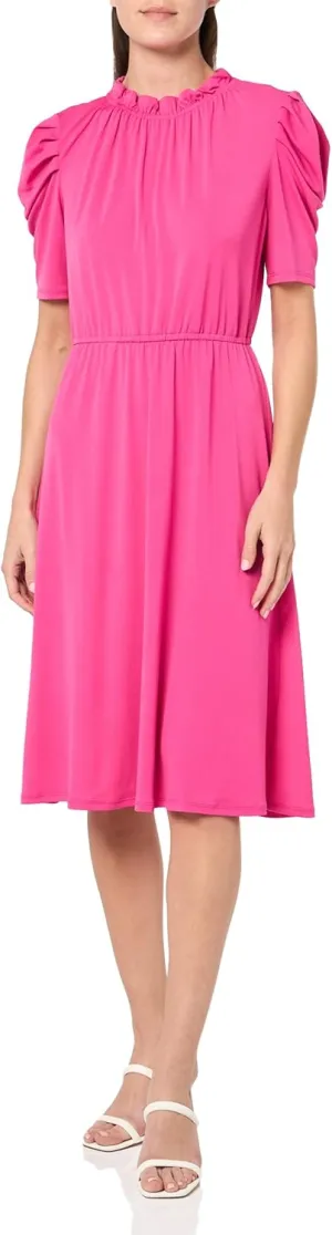 Adrianna Papell Women's Solid Knit Ruffle Neck Pleated Sleeve Midi Dress