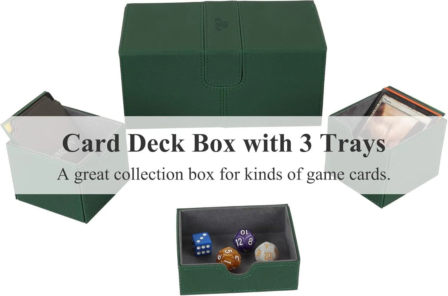 AEGIS GUARDIAN Card Deck Box for MTG with 3 Tray Commander Deck Box Hold 200  Double Sleeved Cards, PU Leather 7 Strong Magnets Card Storage Box Deck Game Case for TCG CCG, Green