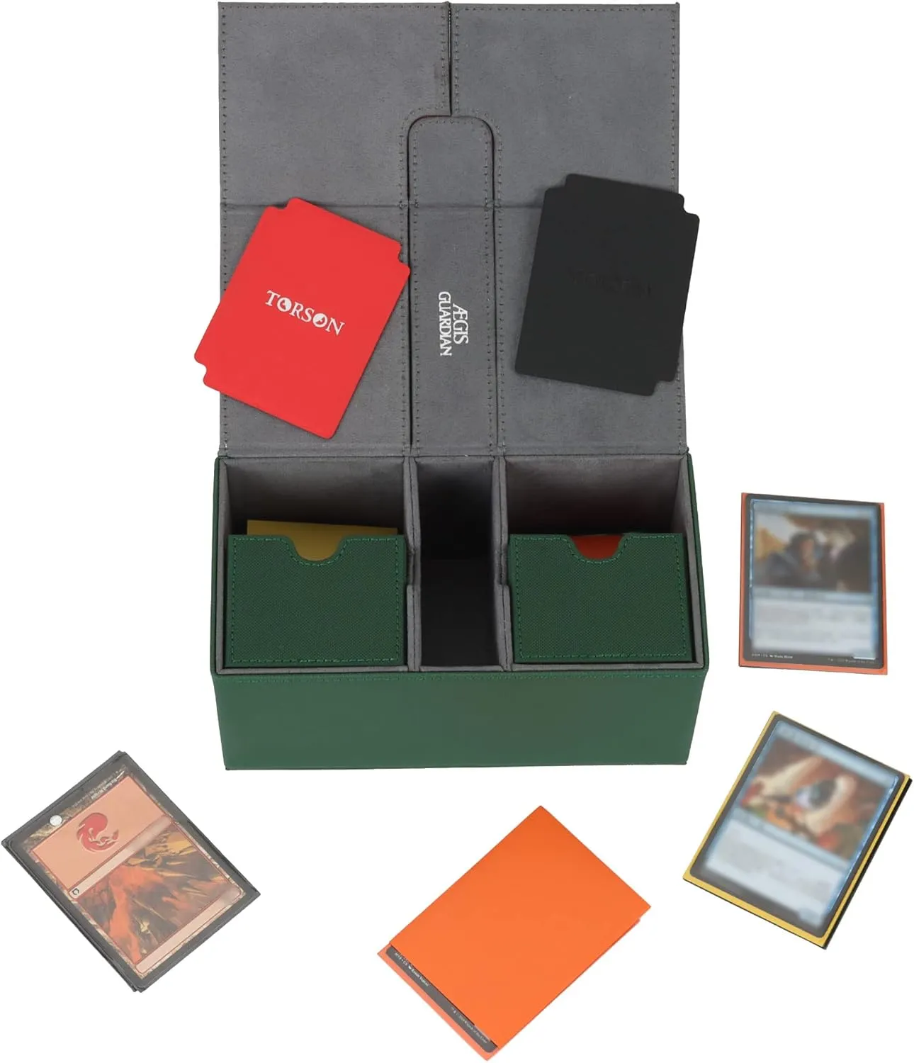 AEGIS GUARDIAN Card Deck Box for MTG with 3 Tray Commander Deck Box Hold 200  Double Sleeved Cards, PU Leather 7 Strong Magnets Card Storage Box Deck Game Case for TCG CCG, Green