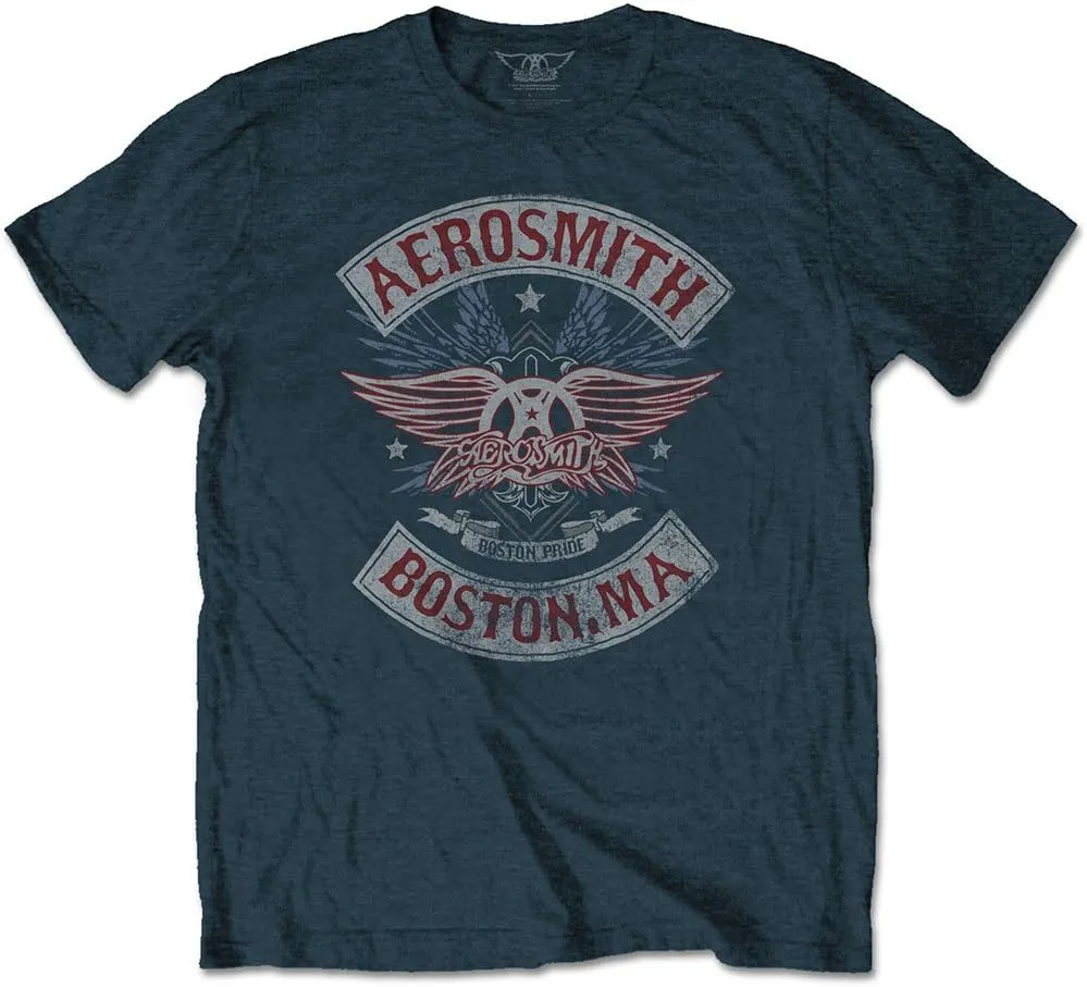 Aerosmith Men's Boston Pride Cotton Short Sleeves Tee Shirt (Boston Pride Denim Blue, Large)