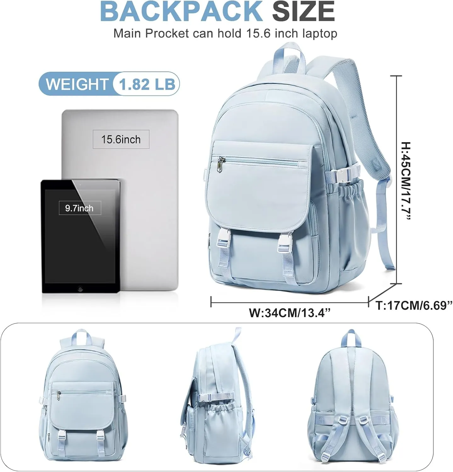 Aesthetic School Backpack for Teens Girls Boys Multi Pocket Backpacks Waterproof Book Bags Kawaii College Backpack for Women Men(Blue)