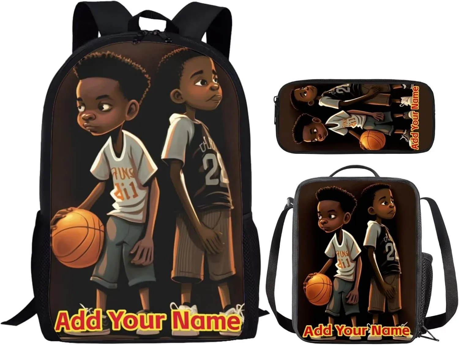 Afro Black Boys Blackpack with Lunch Box,African Basketball Brother Book Bag for Kids 8-12/10-12 American Student Bookbag Custom Name Primary Elementary School Bag Lunch Bag Pencil Case