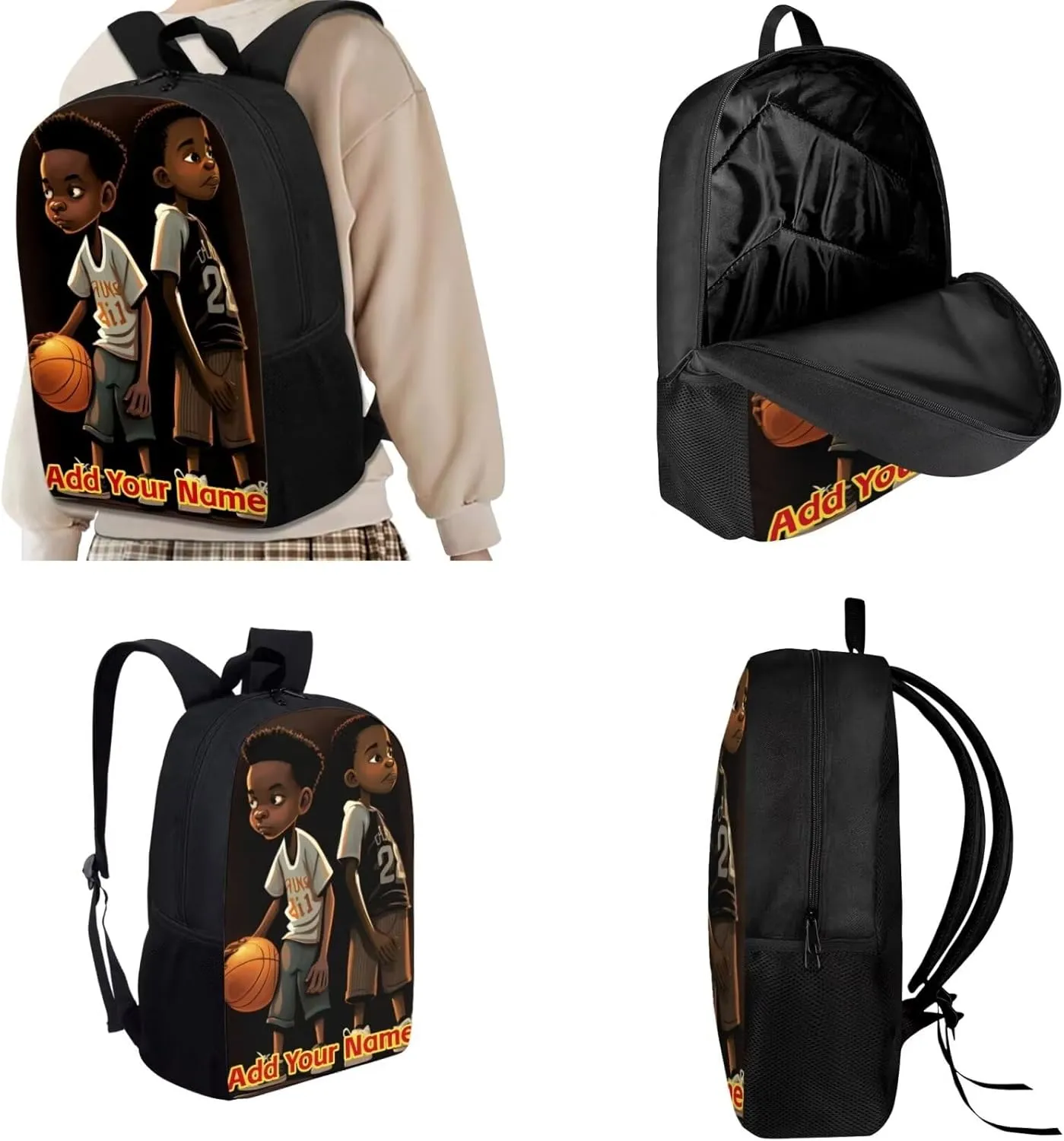 Afro Black Boys Blackpack with Lunch Box,African Basketball Brother Book Bag for Kids 8-12/10-12 American Student Bookbag Custom Name Primary Elementary School Bag Lunch Bag Pencil Case