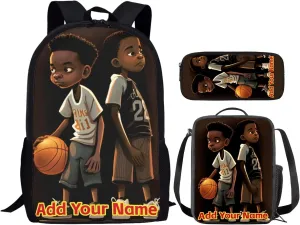 Afro Black Boys Blackpack with Lunch Box,African Basketball Brother Book Bag for Kids 8-12/10-12 American Student Bookbag Custom Name Primary Elementary School Bag Lunch Bag Pencil Case