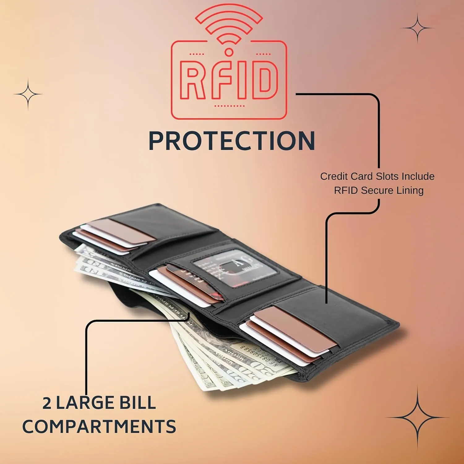 AG Wallets RFID Blocking Wallet for Men - Trifold Minimalist Slim Wallet with 10 Credit Card Slots & 3 Side Slots - 100% Genuine Leather Travel Wallet - Secure Compact Wallet - Black