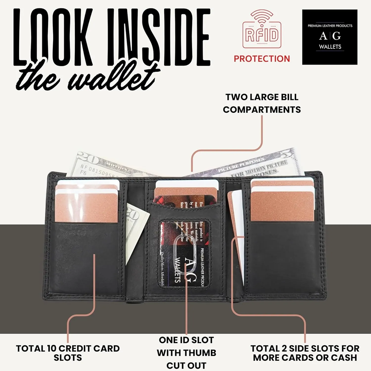 AG Wallets RFID Blocking Wallet for Men - Trifold Minimalist Slim Wallet with 10 Credit Card Slots & 3 Side Slots - 100% Genuine Leather Travel Wallet - Secure Compact Wallet - Black