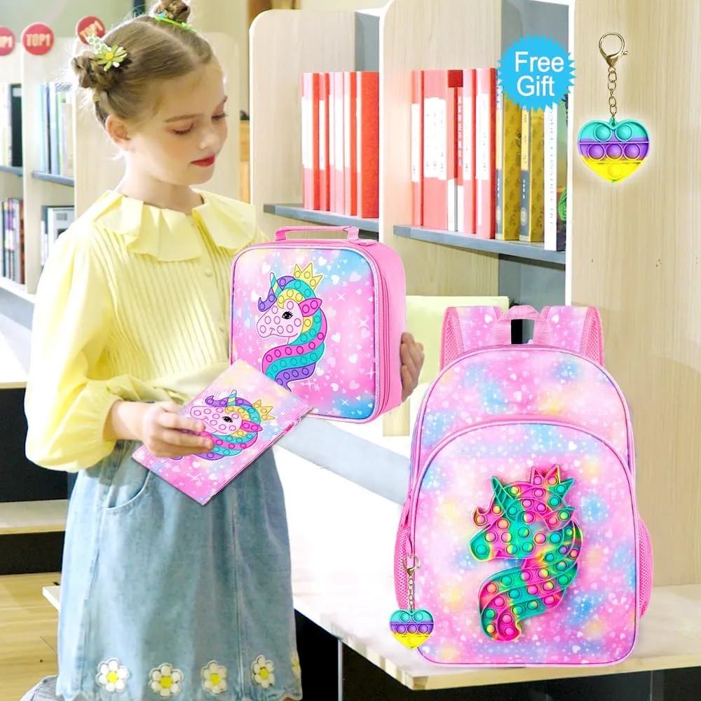 AGSDON 3PCS Unicorn Backpacks for Girls, 16" Little Kids Backpack Preschool Elementary School Bookbags and Lunch Box - Unicorn Pink