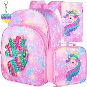 AGSDON 3PCS Unicorn Backpacks for Girls, 16" Little Kids Backpack Preschool Elementary School Bookbags and Lunch Box - Unicorn Pink