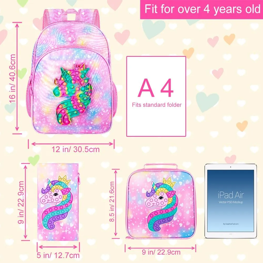 AGSDON 3PCS Unicorn Backpacks for Girls, 16" Little Kids Backpack Preschool Elementary School Bookbags and Lunch Box - Unicorn Pink