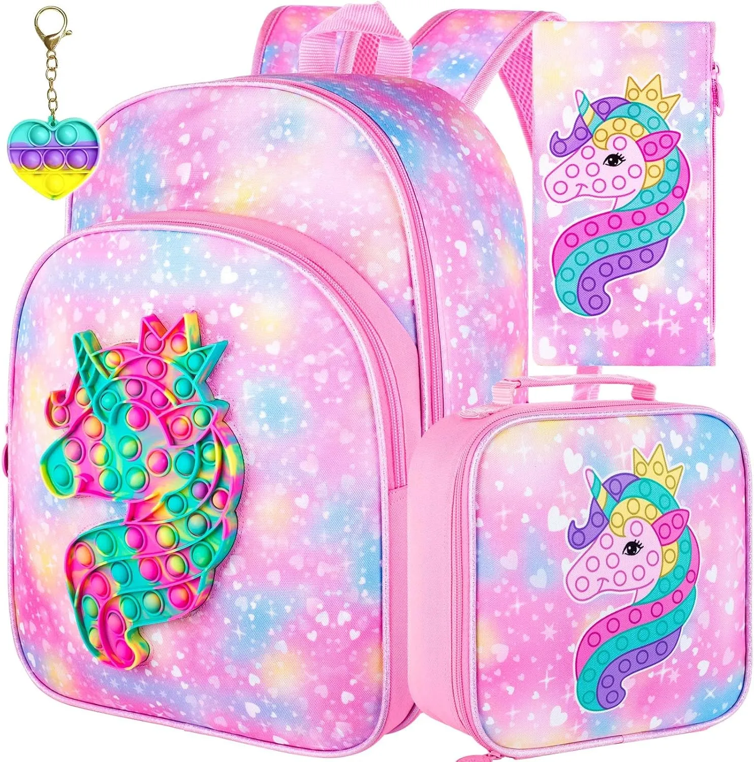 AGSDON 3PCS Unicorn Backpacks for Girls, 16" Little Kids Backpack Preschool Elementary School Bookbags and Lunch Box - Unicorn Pink