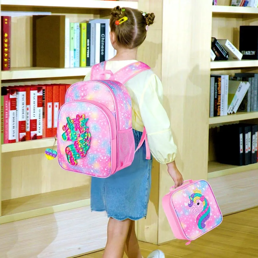 AGSDON 3PCS Unicorn Backpacks for Girls, 16" Little Kids Backpack Preschool Elementary School Bookbags and Lunch Box - Unicorn Pink
