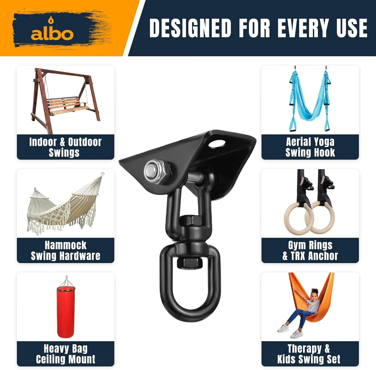 Albo 2650LBS Heavy Duty Ceiling Swing Hooks – 2 Pack Black, 304 Stainless Steel, 180° Silent Swivel Mount, Indoor Outdoor Hanger for Hammock, Therapy Swing, Punching Bag – Screws for Wood & Concrete