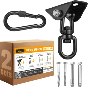 Albo 2650LBS Heavy Duty Ceiling Swing Hooks – 2 Pack Black, 304 Stainless Steel, 180° Silent Swivel Mount, Indoor Outdoor Hanger for Hammock, Therapy Swing, Punching Bag – Screws for Wood & Concrete