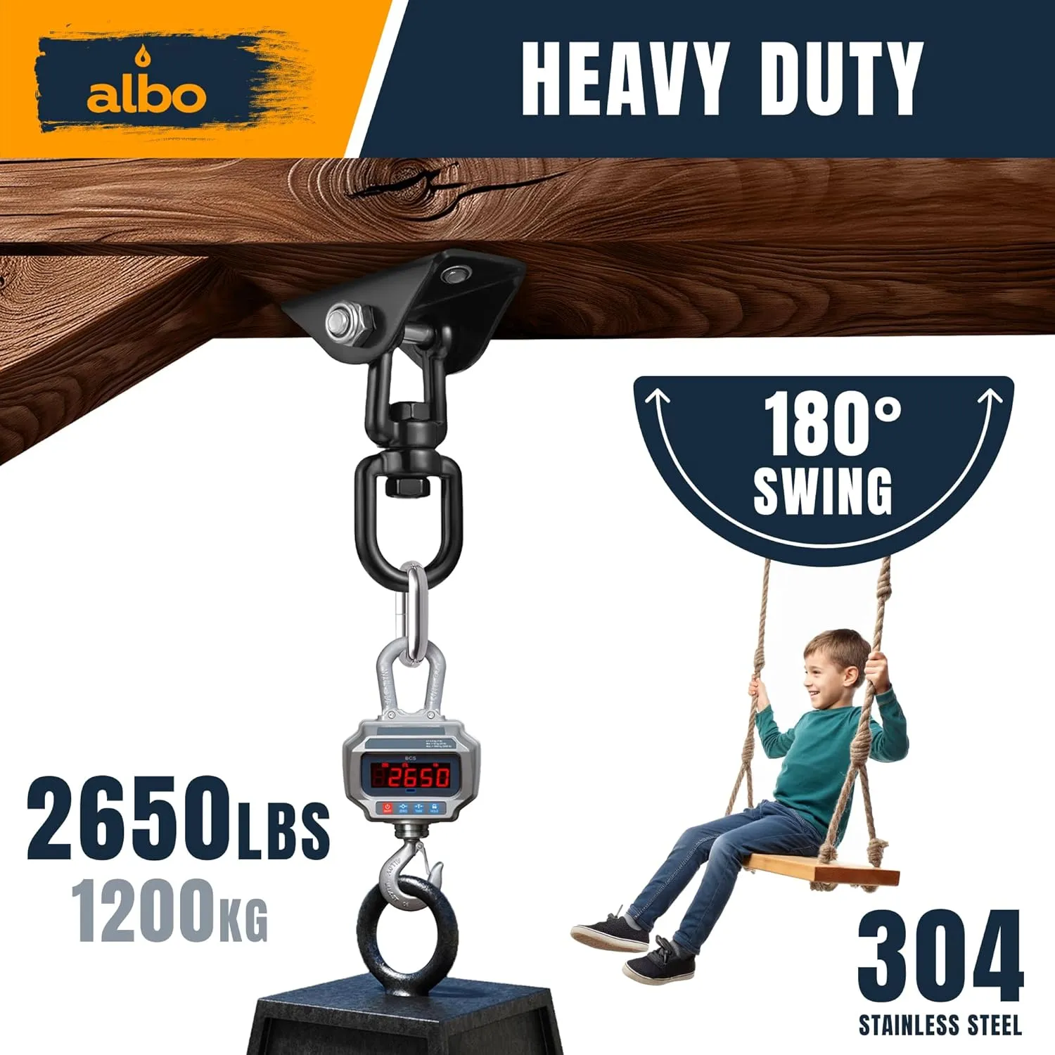 Albo 2650LBS Heavy Duty Ceiling Swing Hooks – 2 Pack Black, 304 Stainless Steel, 180° Silent Swivel Mount, Indoor Outdoor Hanger for Hammock, Therapy Swing, Punching Bag – Screws for Wood & Concrete