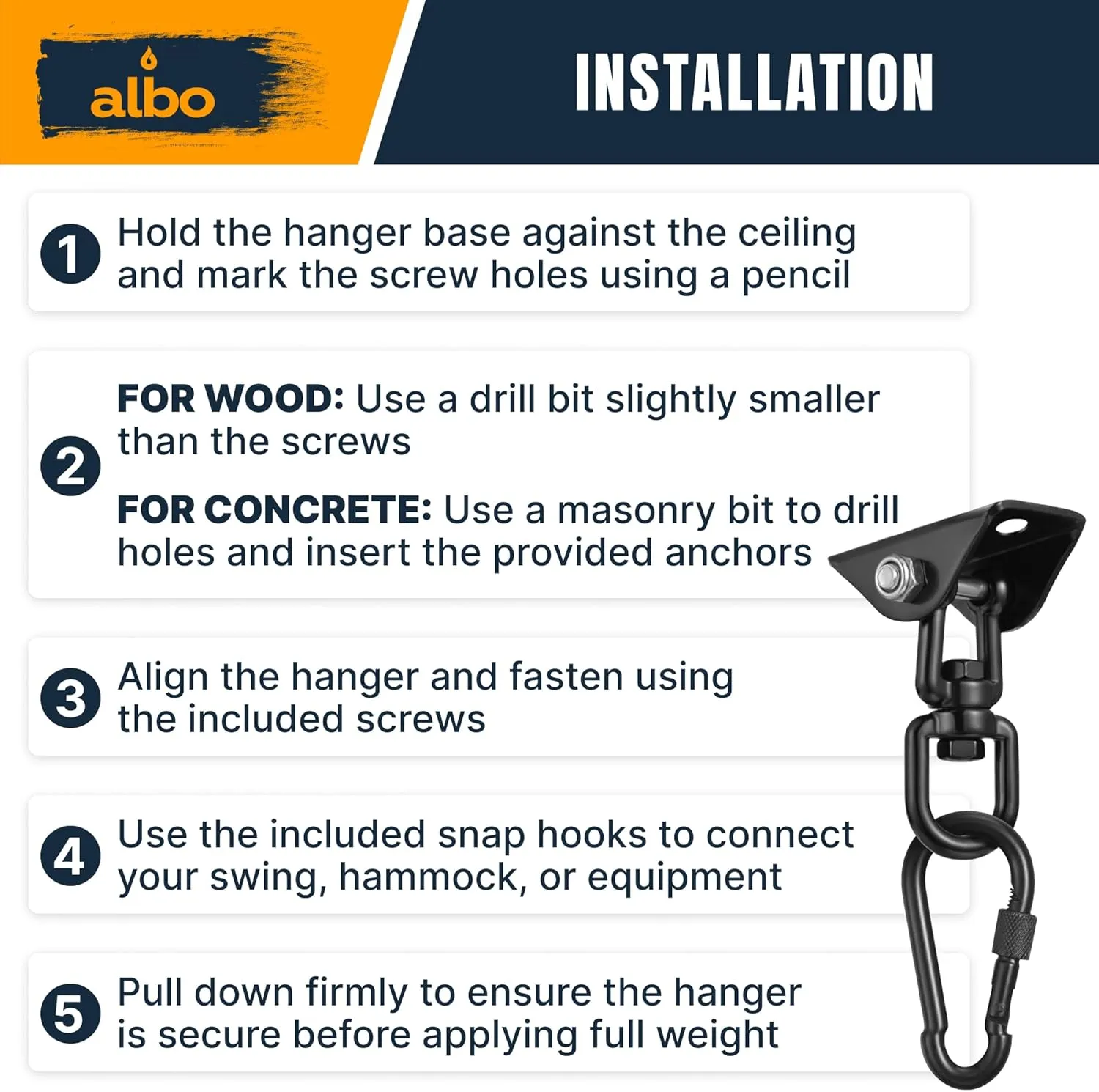 Albo 2650LBS Heavy Duty Ceiling Swing Hooks – 2 Pack Black, 304 Stainless Steel, 180° Silent Swivel Mount, Indoor Outdoor Hanger for Hammock, Therapy Swing, Punching Bag – Screws for Wood & Concrete