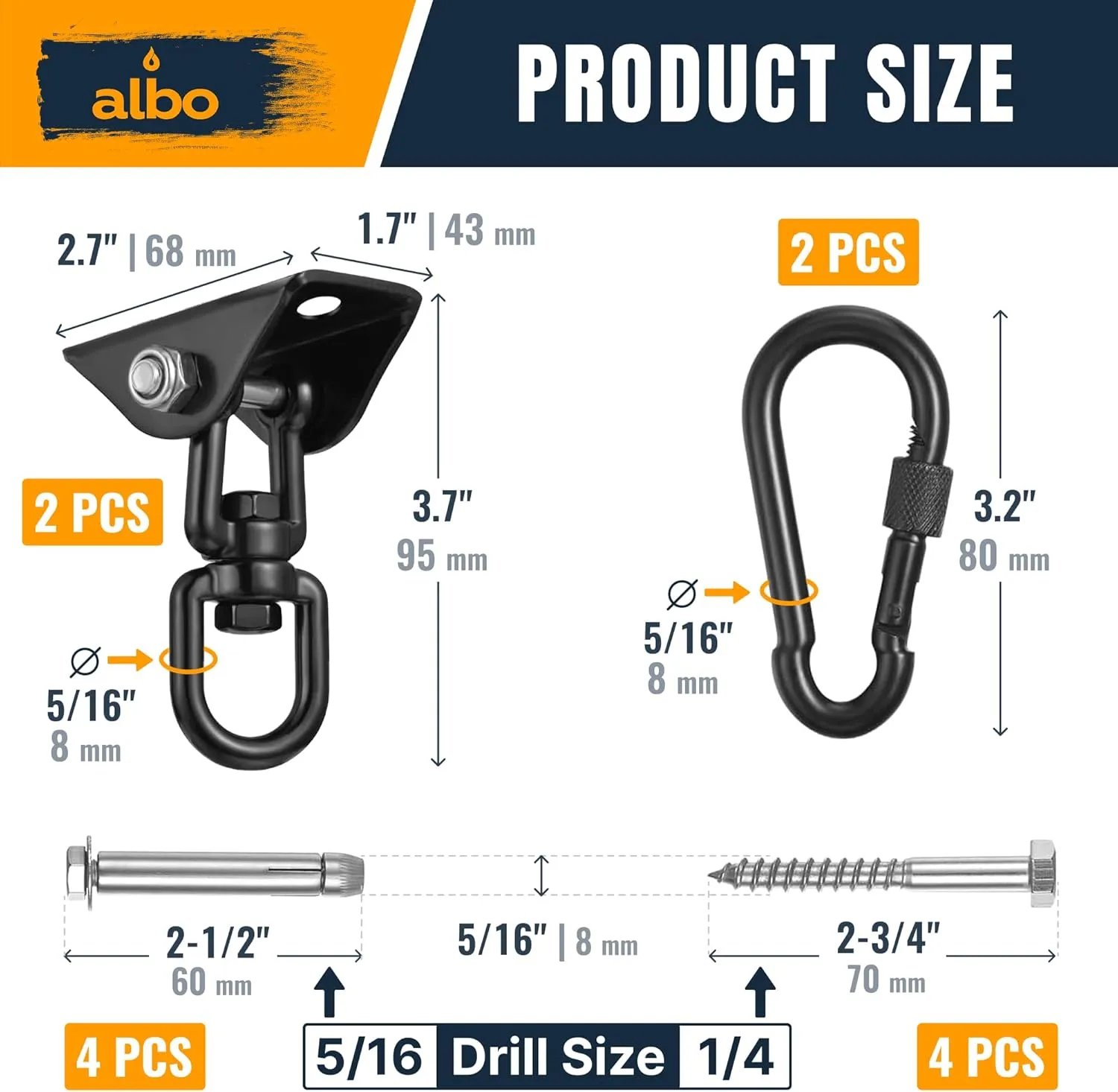 Albo 2650LBS Heavy Duty Ceiling Swing Hooks – 2 Pack Black, 304 Stainless Steel, 180° Silent Swivel Mount, Indoor Outdoor Hanger for Hammock, Therapy Swing, Punching Bag – Screws for Wood & Concrete