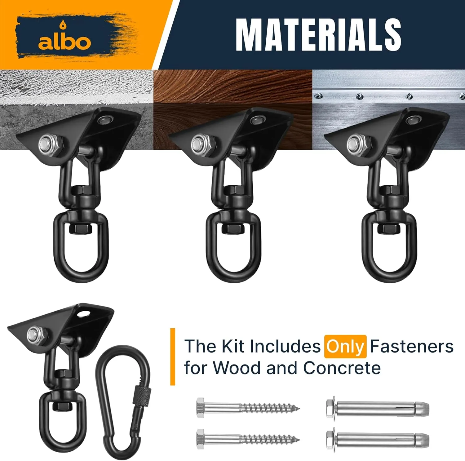 Albo 2650LBS Heavy Duty Ceiling Swing Hooks – 2 Pack Black, 304 Stainless Steel, 180° Silent Swivel Mount, Indoor Outdoor Hanger for Hammock, Therapy Swing, Punching Bag – Screws for Wood & Concrete
