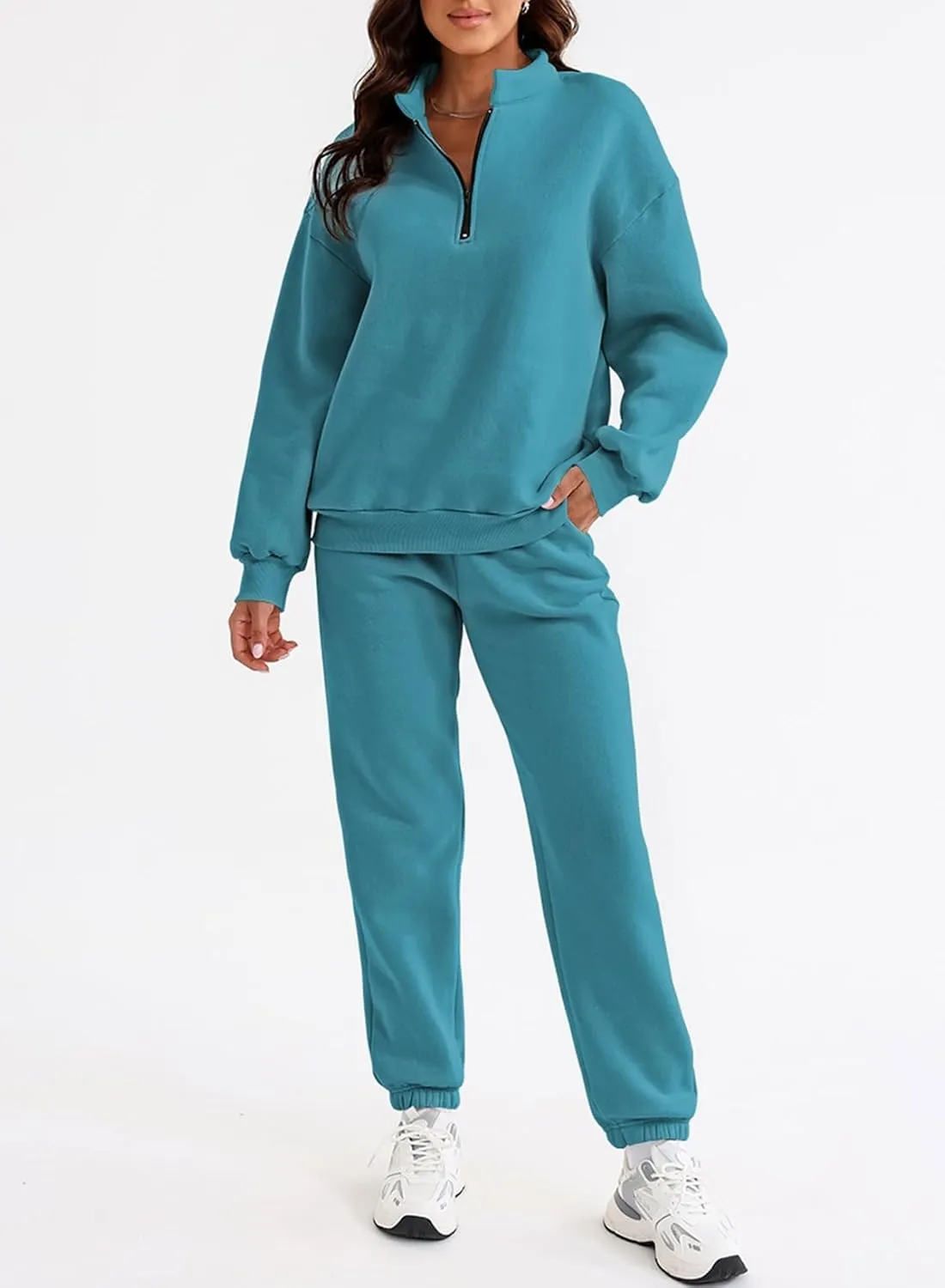 Aleumdr Women 2 Piece Outfits Sweatsuit Oversized Half Zip Pullover Long Sleeve Sweatshirt Jogger Pants Set with Pockets