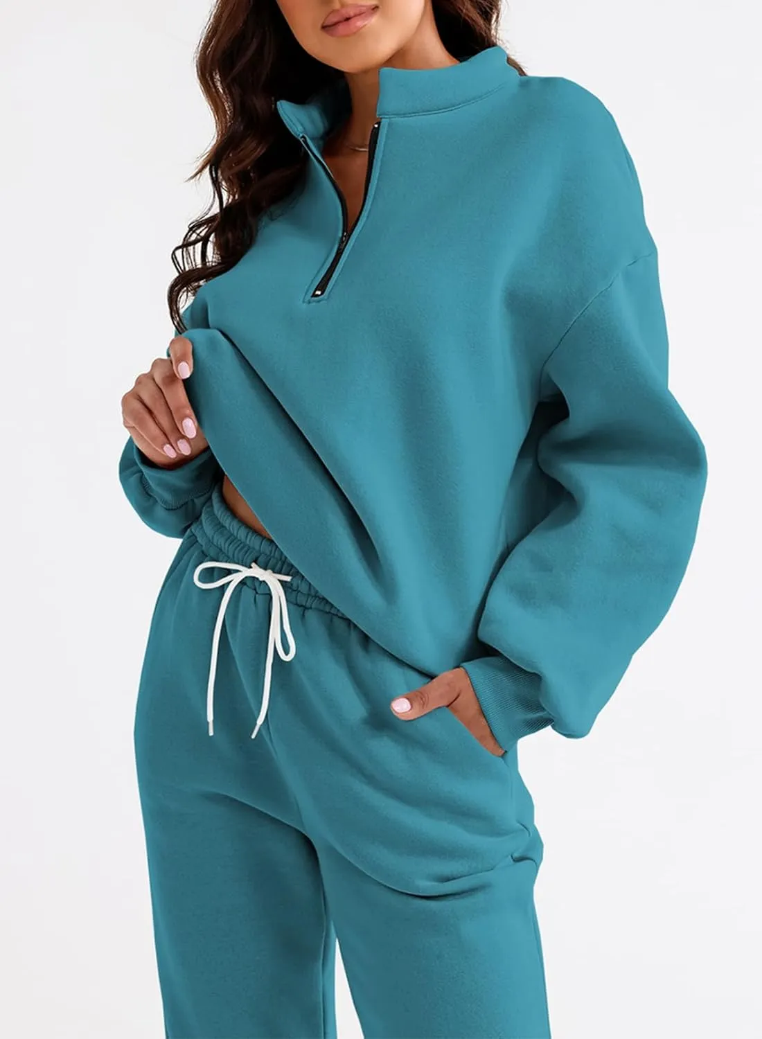 Aleumdr Women 2 Piece Outfits Sweatsuit Oversized Half Zip Pullover Long Sleeve Sweatshirt Jogger Pants Set with Pockets