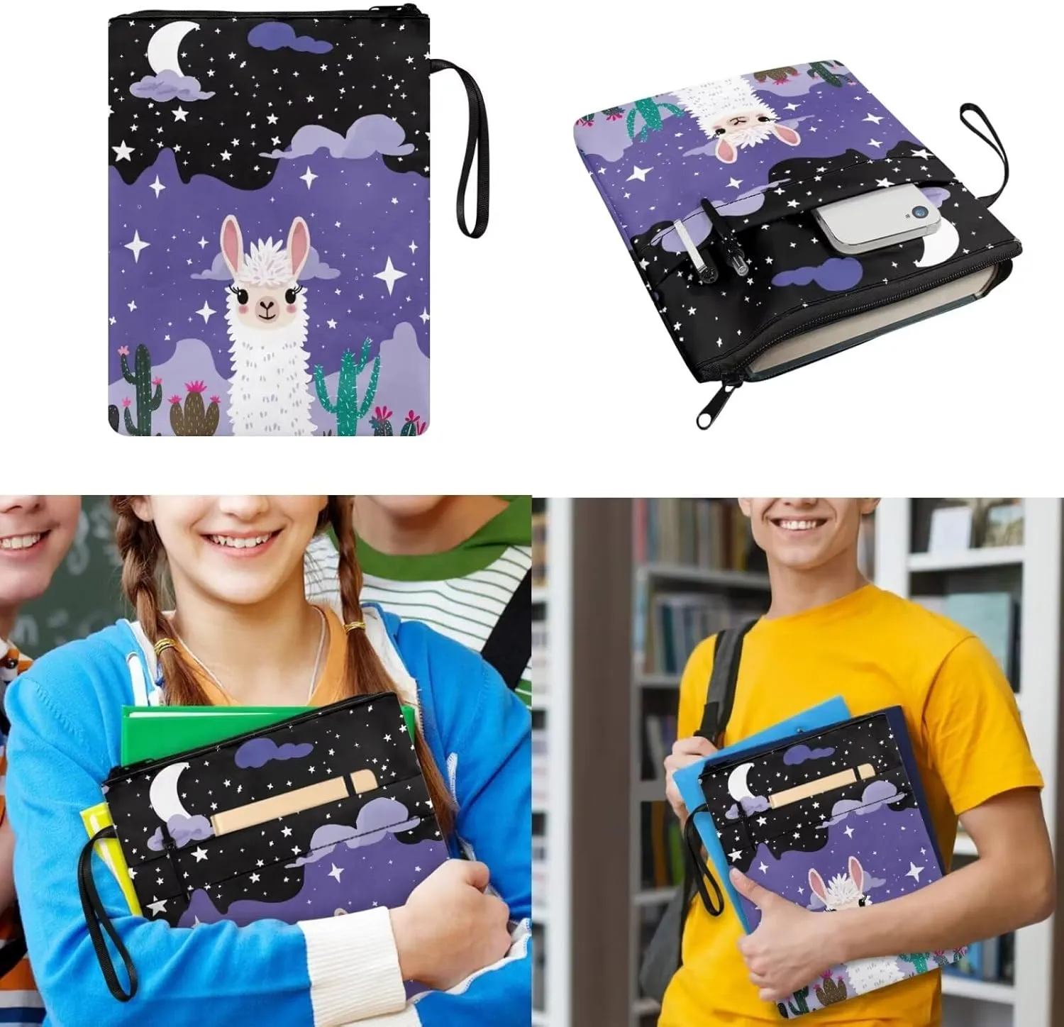 Alpaca Print Girls Backpacks for Elementary for Girls Large Capacity Lunch Bags for Teens with Zipper Pencil Pouches and Water Bottle Cover Sleeve for Junior Middle School