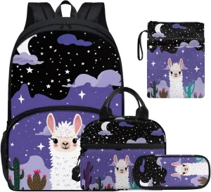 Alpaca Print Girls Backpacks for Elementary for Girls Large Capacity Lunch Bags for Teens with Zipper Pencil Pouches and Water Bottle Cover Sleeve for Junior Middle School