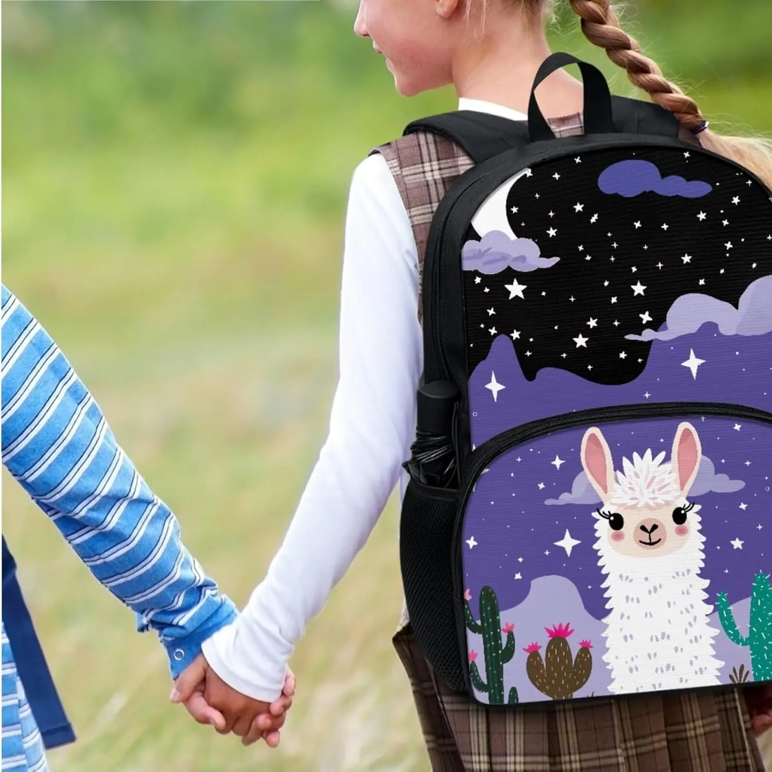 Alpaca Print Girls Backpacks for Elementary for Girls Large Capacity Lunch Bags for Teens with Zipper Pencil Pouches and Water Bottle Cover Sleeve for Junior Middle School