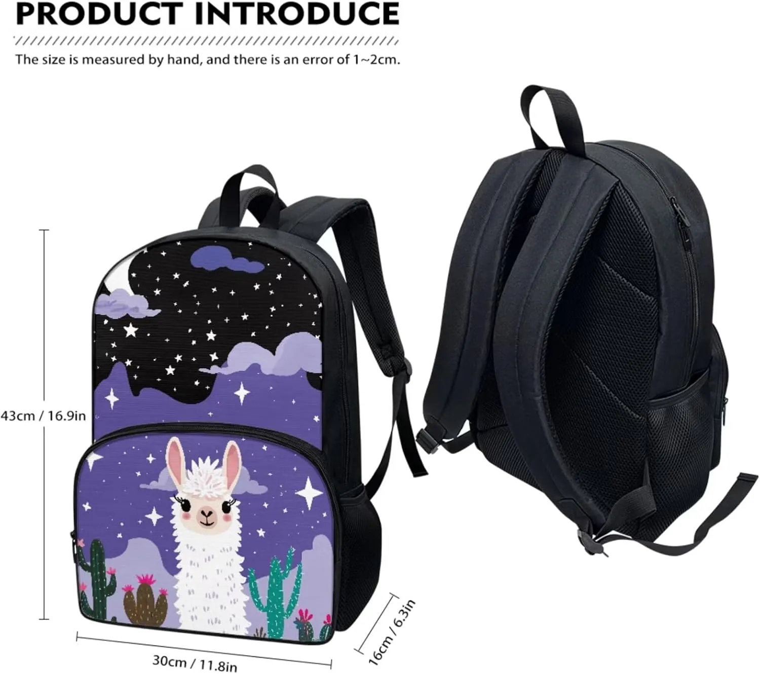 Alpaca Print Girls Backpacks for Elementary for Girls Large Capacity Lunch Bags for Teens with Zipper Pencil Pouches and Water Bottle Cover Sleeve for Junior Middle School