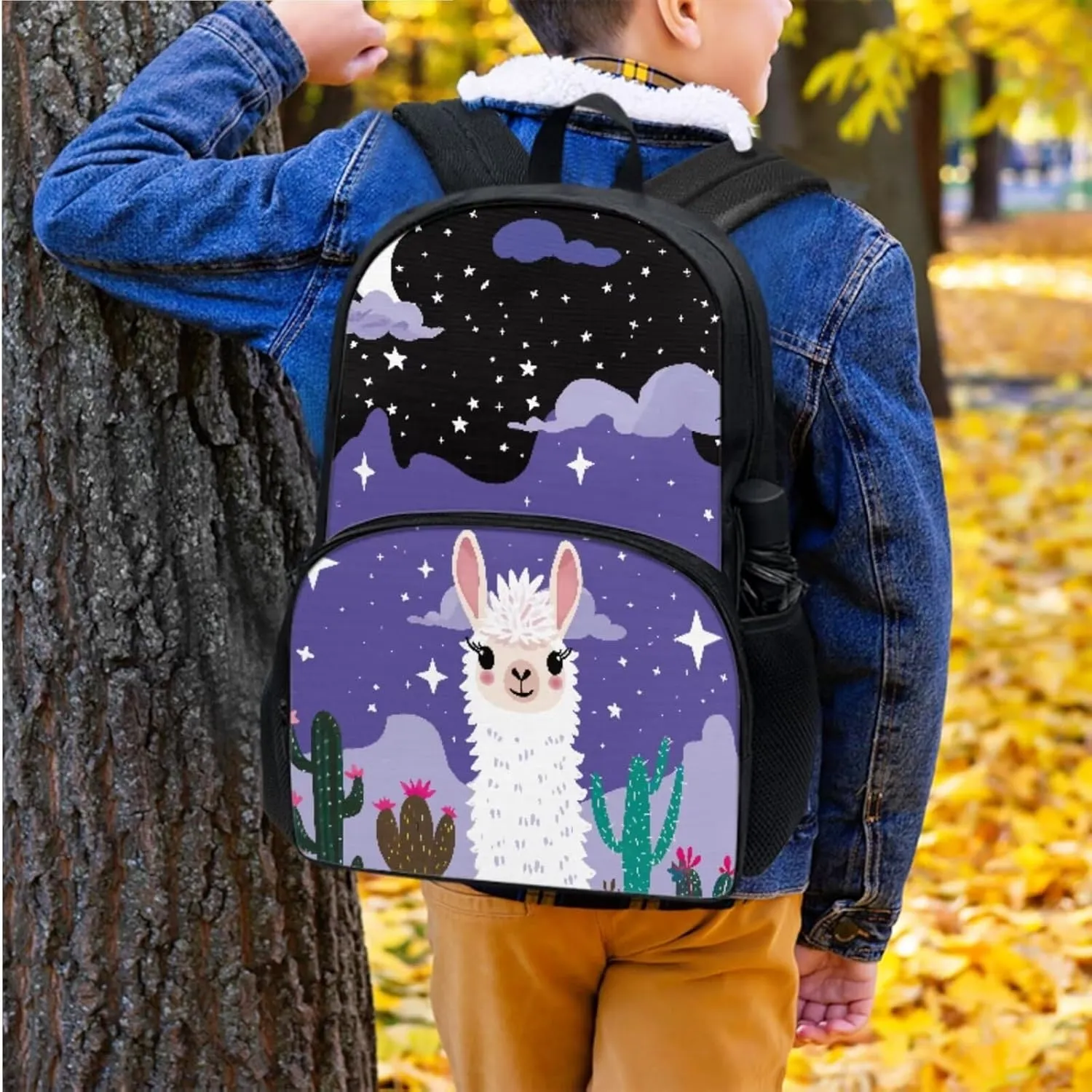 Alpaca Print Girls Backpacks for Elementary for Girls Large Capacity Lunch Bags for Teens with Zipper Pencil Pouches and Water Bottle Cover Sleeve for Junior Middle School