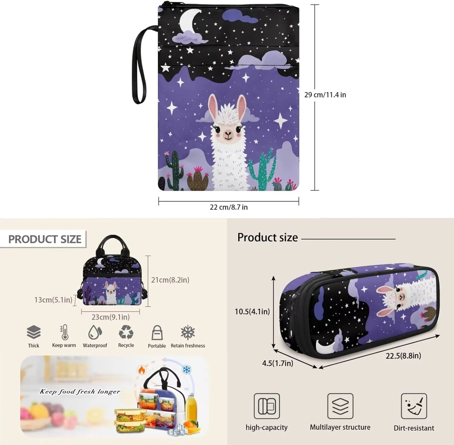 Alpaca Print Girls Backpacks for Elementary for Girls Large Capacity Lunch Bags for Teens with Zipper Pencil Pouches and Water Bottle Cover Sleeve for Junior Middle School