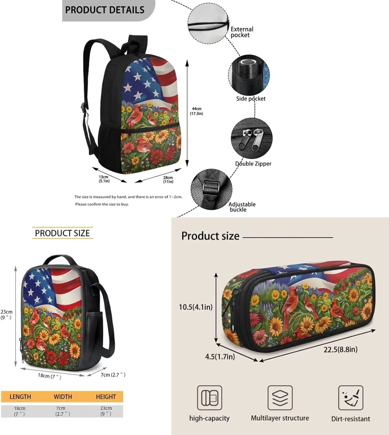 American Flag Bird Sunflower Backpack Bookbag Lunch Box Set with Pencil Case 3 In 1 Kids Elementary School Bags Daypack Travel Bagpack