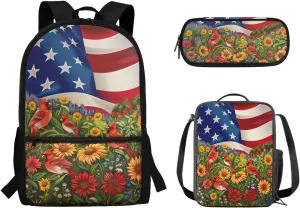 American Flag Bird Sunflower Backpack Bookbag Lunch Box Set with Pencil Case 3 In 1 Kids Elementary School Bags Daypack Travel Bagpack